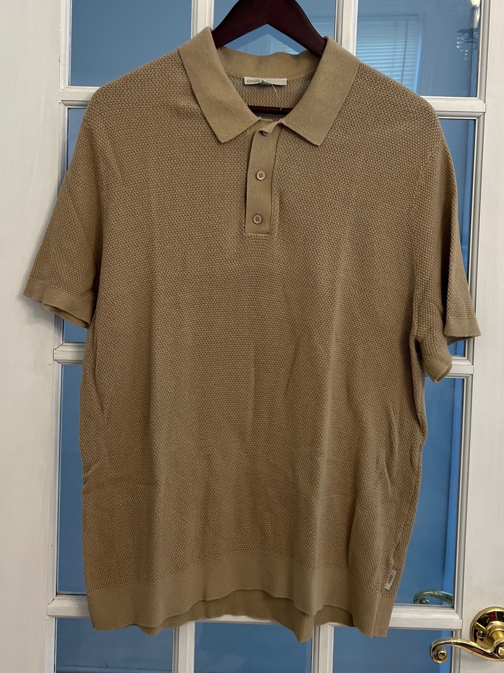ONIA Men’s Tan Beige Textured Knit Polo Shirt 100% Cotton XL